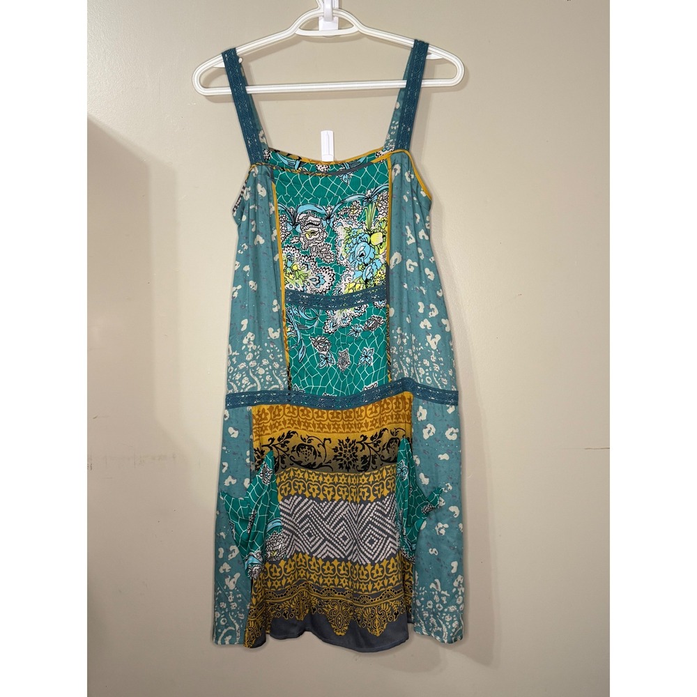 Anthropologie Tiny Mixed Print Boho Mini Dress Teal Yellow Lace Trim XS #Boho